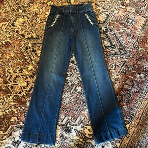 White House Black Market Dark Blue Wide-Leg Jeans with Silver/Diamond Chain Trim
